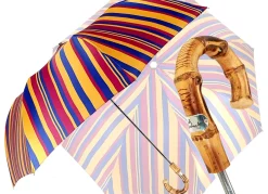 Il Marchesato Crafted Multi-Color Striped Folding Umbrella Bamboo Handle Fashion