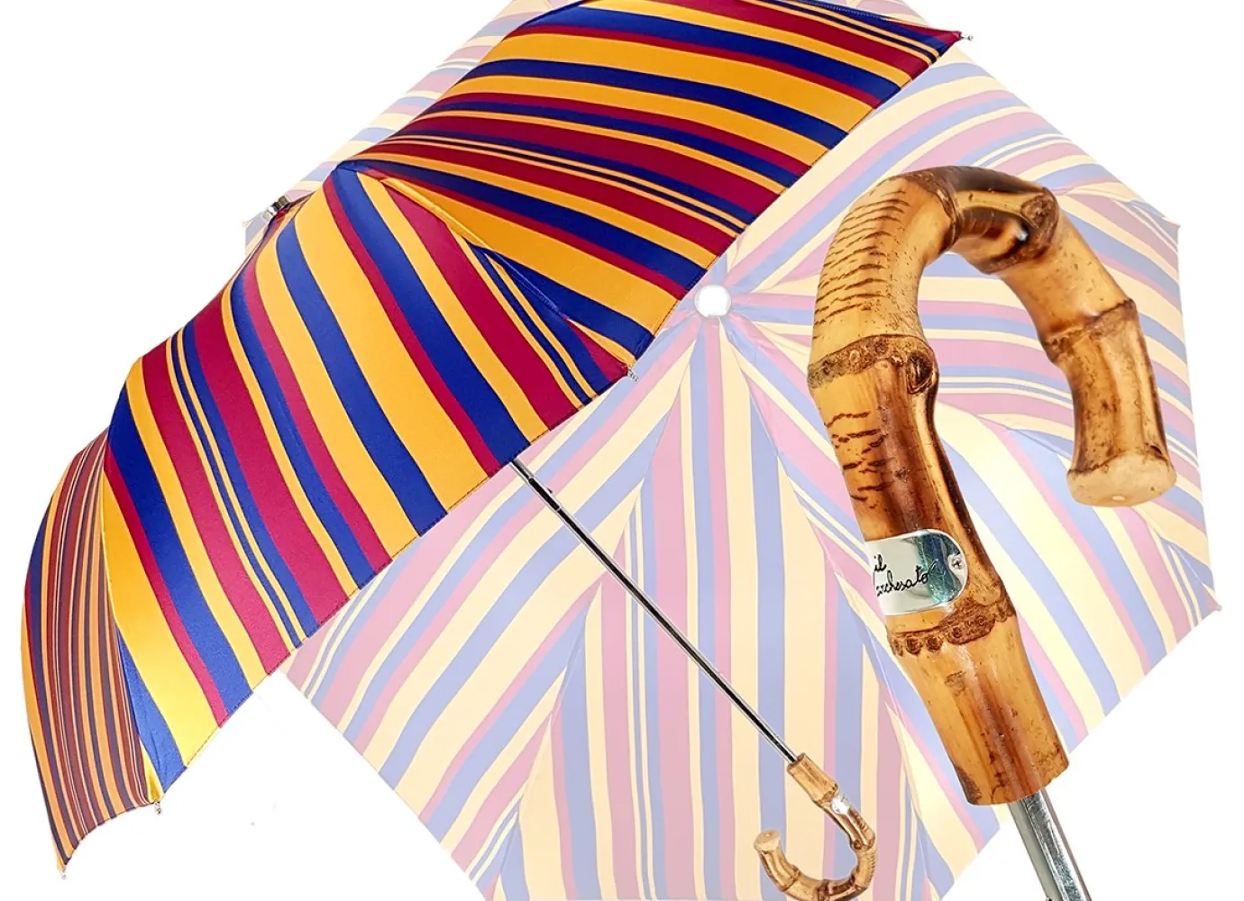 Il Marchesato Crafted Multi-Color Striped Folding Umbrella Bamboo Handle Fashion