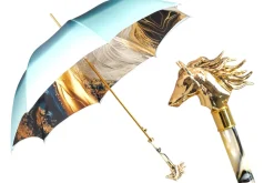 Il Marchesato Equestrian Elegance: Light Blue Umbrella with Golden Horse Head Handle New