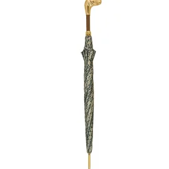 Il Marchesato Golden Hound: Beige Patterned Umbrella with Dog Handle in Gold Finish New