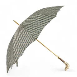 Il Marchesato Golden Hound: Beige Patterned Umbrella with Dog Handle in Gold Finish New