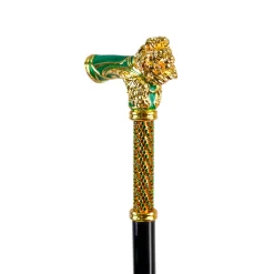 Il Marchesato Majestic Gold Lion Handle Walking Cane – Green Enamel Finish New