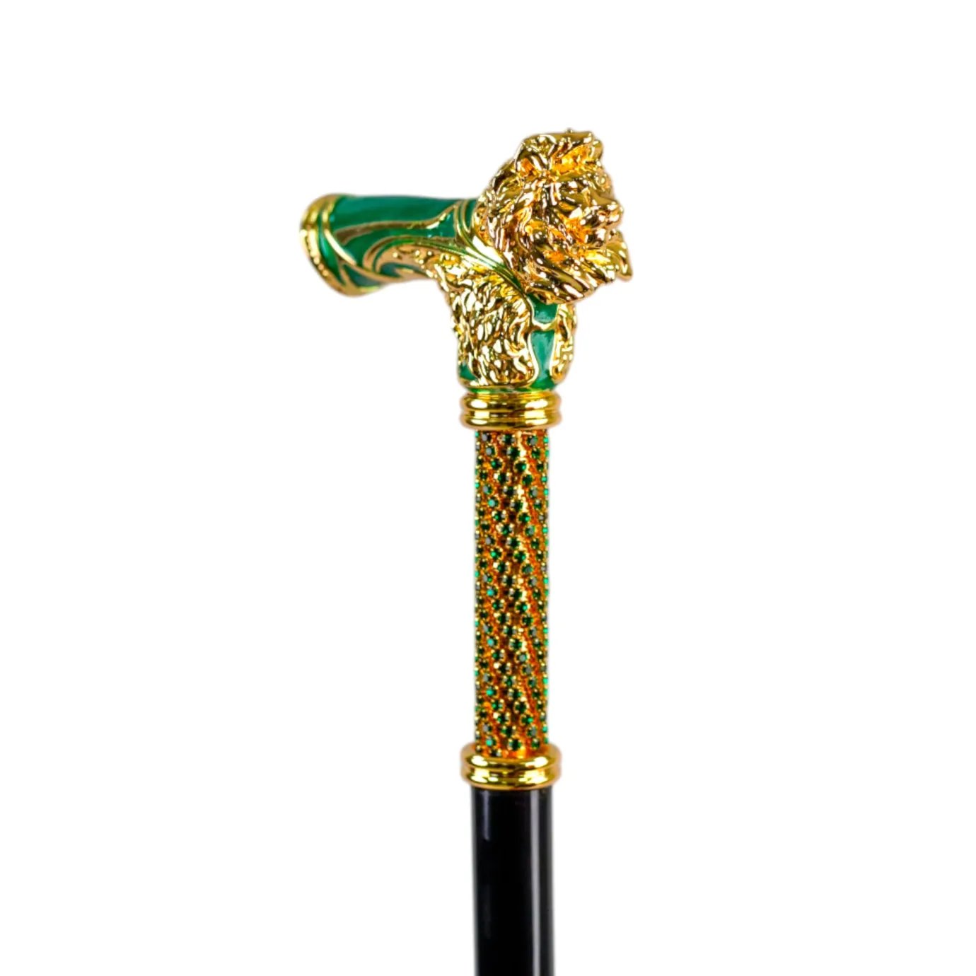 Il Marchesato Majestic Gold Lion Handle Walking Cane – Green Enamel Finish New
