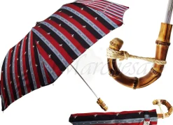 Il Marchesato Multi-Color Striped Men's Folding Umbrella - Whangee Bamboo Handle Clearance