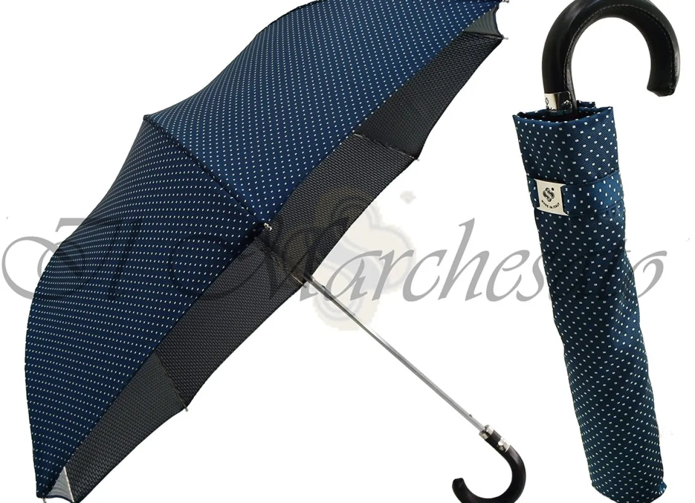 Il Marchesato Polka Dot Men's Folding Umbrella - Black Leather Handle Hot
