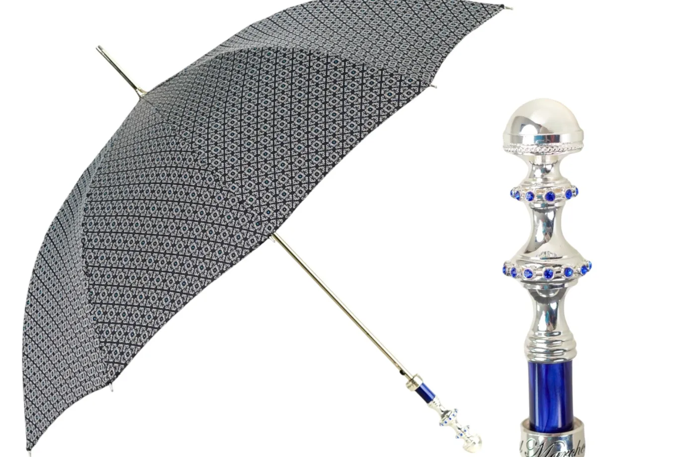 Il Marchesato Stylish Grey & Blue Jacquard Umbrella - Silverplated handle Online