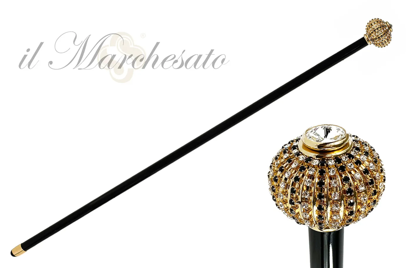 Il Marchesato Walking stick with brass onion with black and white crystals Sale